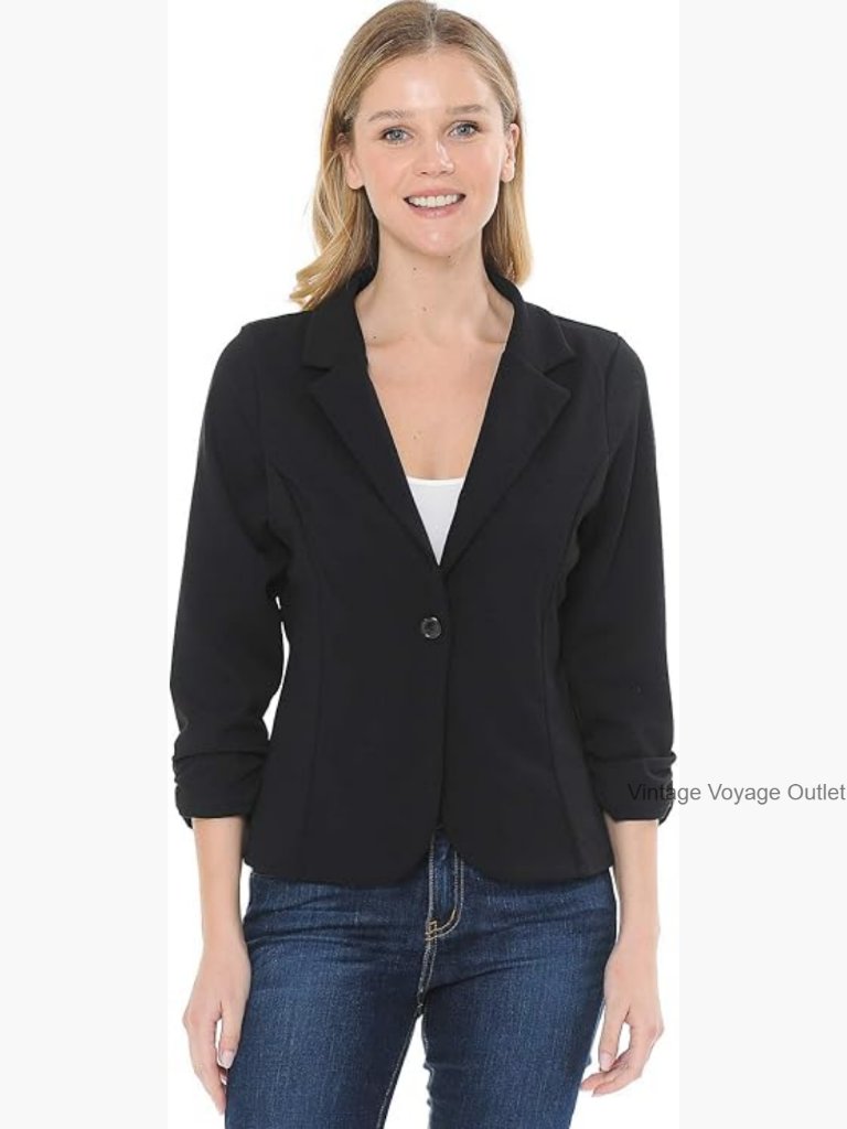 Navy 3/4 Sleeve Knit Blazer Jacket Lightweight Office Workwear